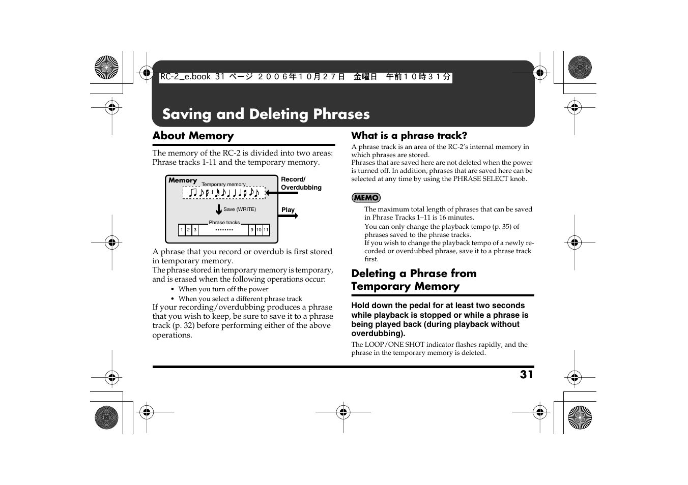 Saving and deleting phrases, P. 31 | Boss Audio Systems RC-2 User Manual | Page 31 / 44