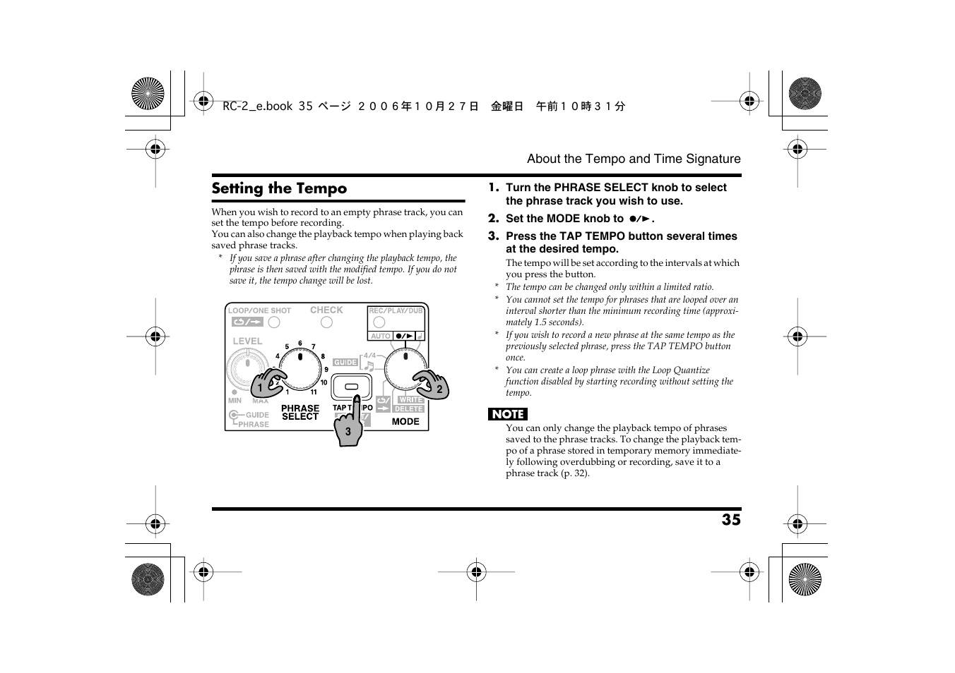 P. 35), Setting the tempo” (p. 35), Tempo” (p. 35) | Setting the tempo | Boss Audio Systems RC-2 User Manual | Page 35 / 44