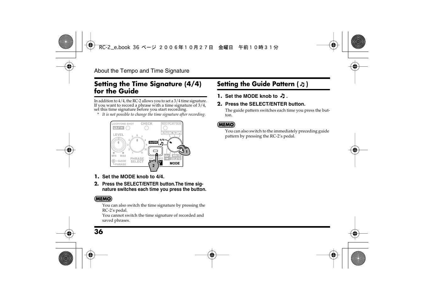 Guide (p. 36), P. 36), Than 4/4, set the time signature now (p. 36) | Boss Audio Systems RC-2 User Manual | Page 36 / 44