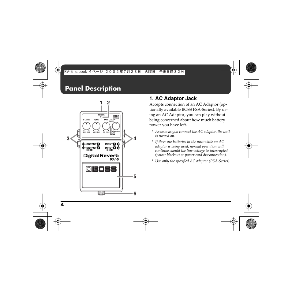 Panel description | Boss Audio Systems Boss RV-5 User Manual | Page 4 / 20