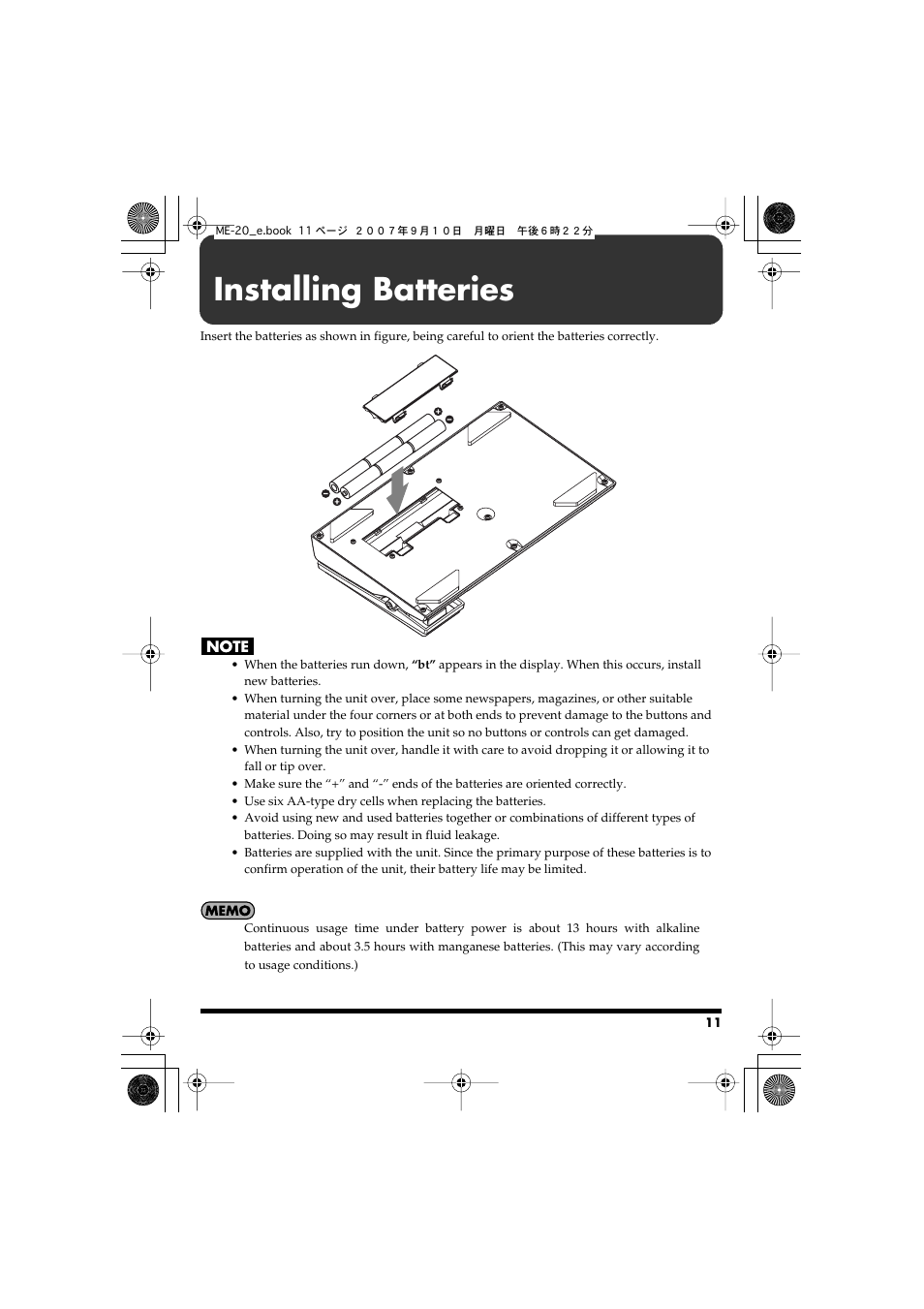 Installing batteries | Boss Audio Systems ME-20 User Manual | Page 11 / 40