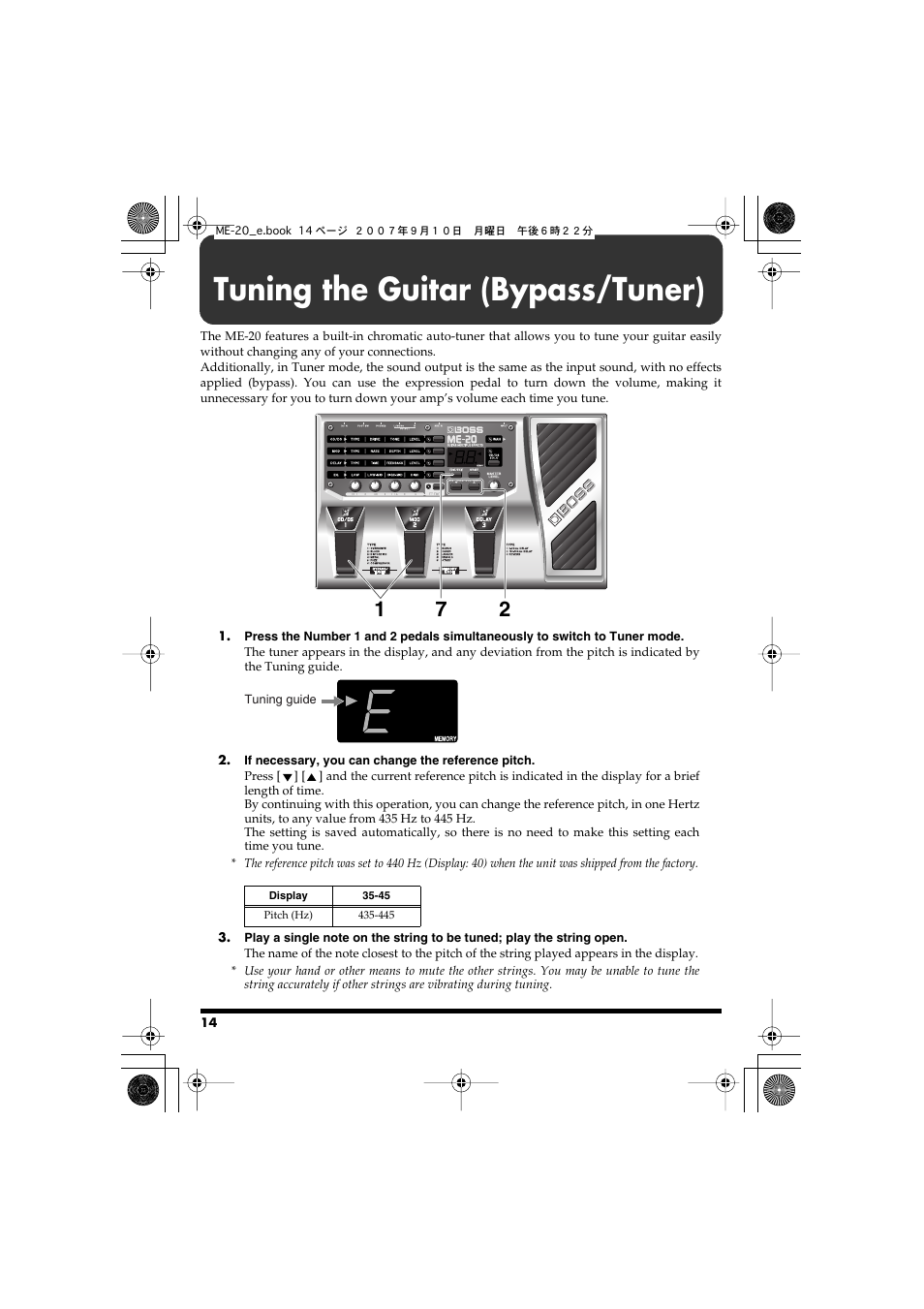 Tuning the guitar (bypass/tuner), Tuning the guitar (bypass/ tuner) | Boss Audio Systems ME-20 User Manual | Page 14 / 40