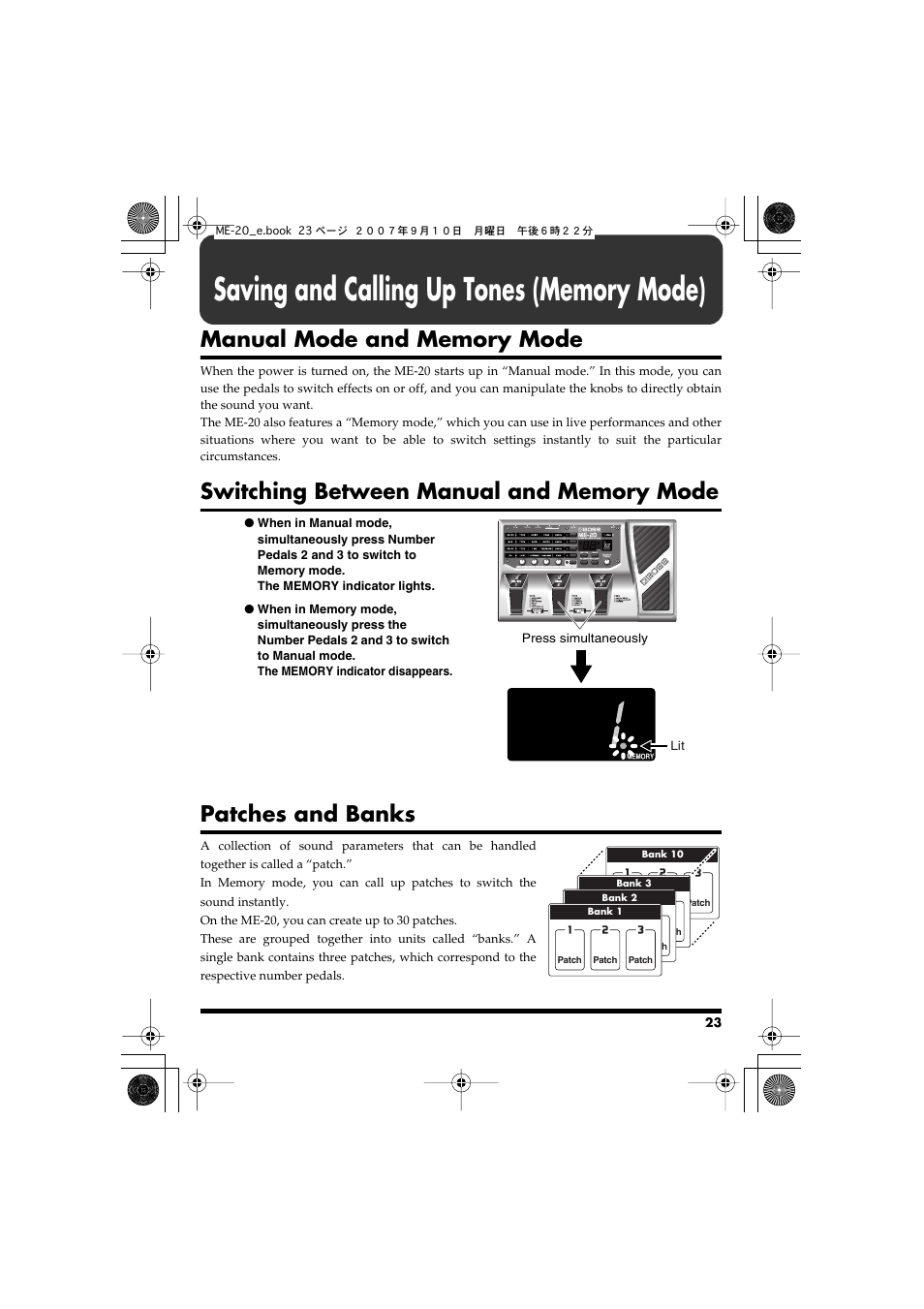 Saving and calling up tones (memory mode), Manual mode and memory mode, Switching between manual and memory mode | Patches and banks | Boss Audio Systems ME-20 User Manual | Page 23 / 40