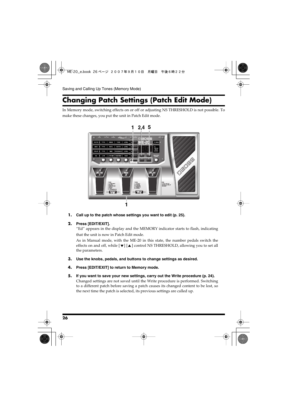 Changing patch settings (patch edit mode) | Boss Audio Systems ME-20 User Manual | Page 26 / 40