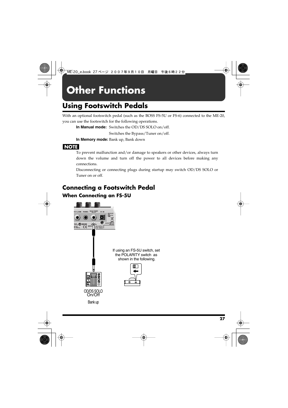 Other functions, Using footswitch pedals, Connecting a footswitch pedal | Boss Audio Systems ME-20 User Manual | Page 27 / 40