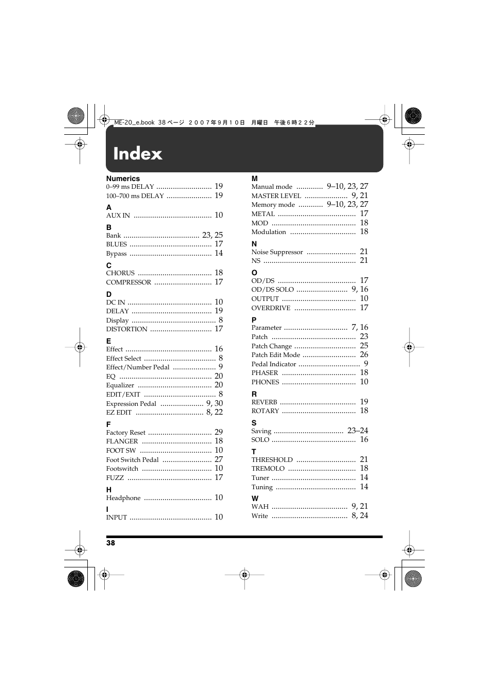 Index | Boss Audio Systems ME-20 User Manual | Page 38 / 40