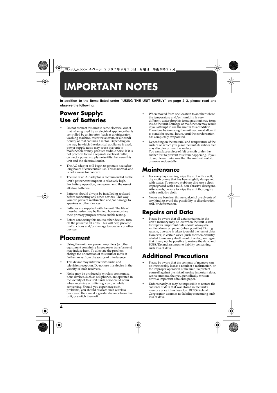 Important notes, Power supply: use of batteries, Placement | Maintenance, Repairs and data, Additional precautions | Boss Audio Systems ME-20 User Manual | Page 4 / 40