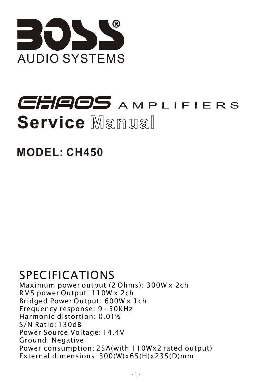 Boss Audio Systems CHAOS AMPLIFIERS CH450 User Manual | 8 pages
