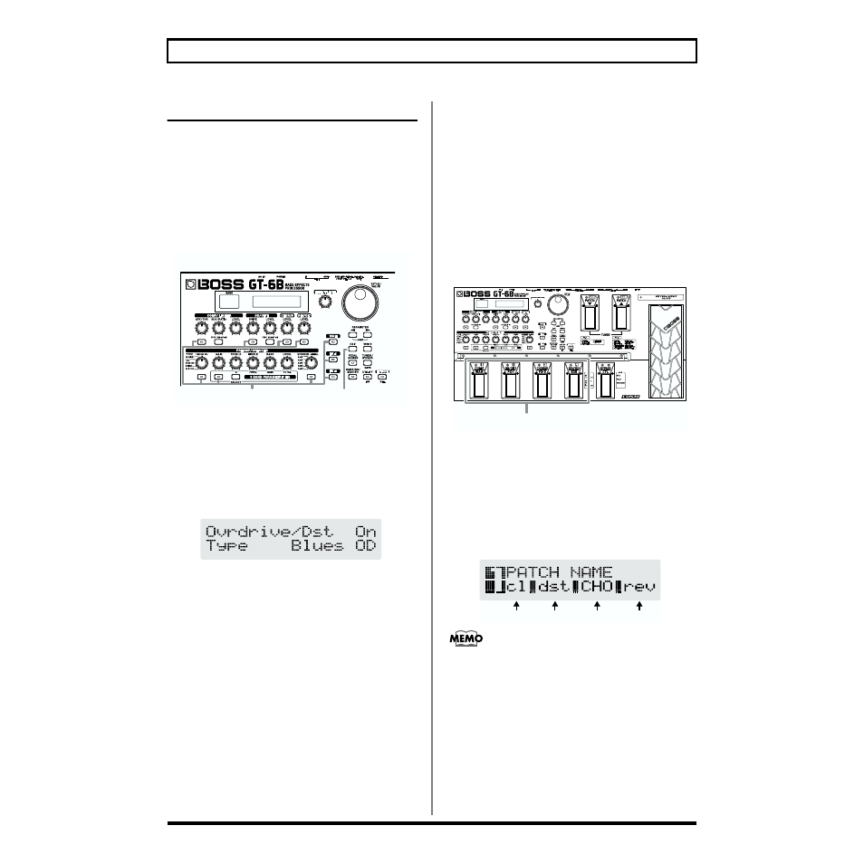 Adding and omitting effects, Using the buttons to switch effects on and off, Switching effects with the pedals | Boss Audio Systems GT-6B User Manual | Page 18 / 84