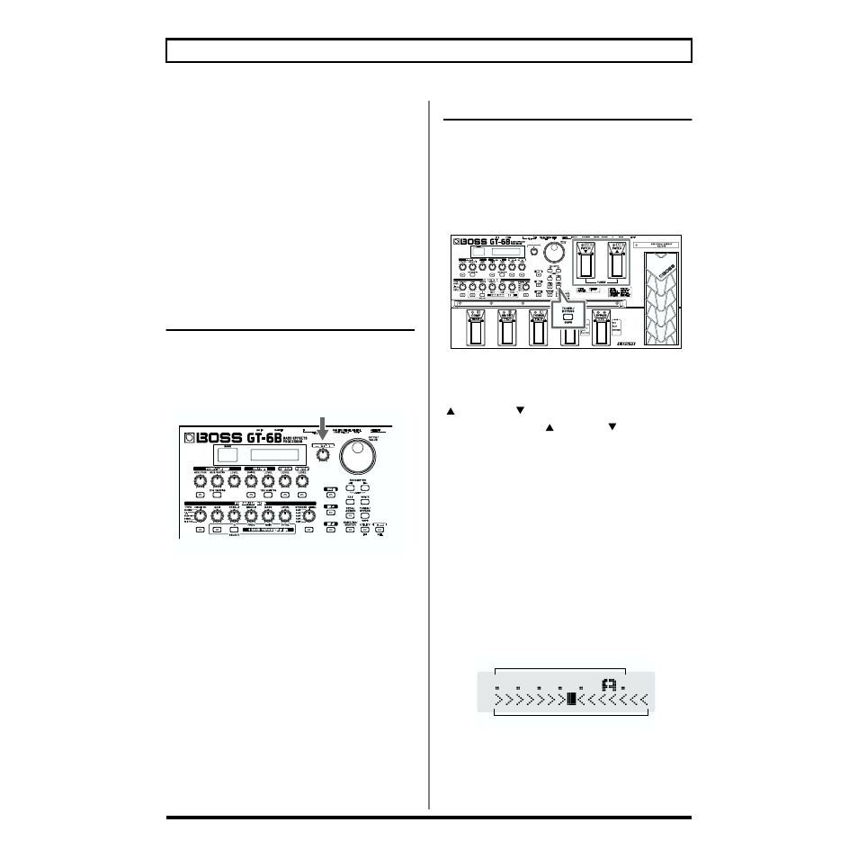 Quick patch volume adjustment (effect level knob), Tuning the bass, Turning the tuner function on | About the display during tuning | Boss Audio Systems GT-6B User Manual | Page 56 / 84