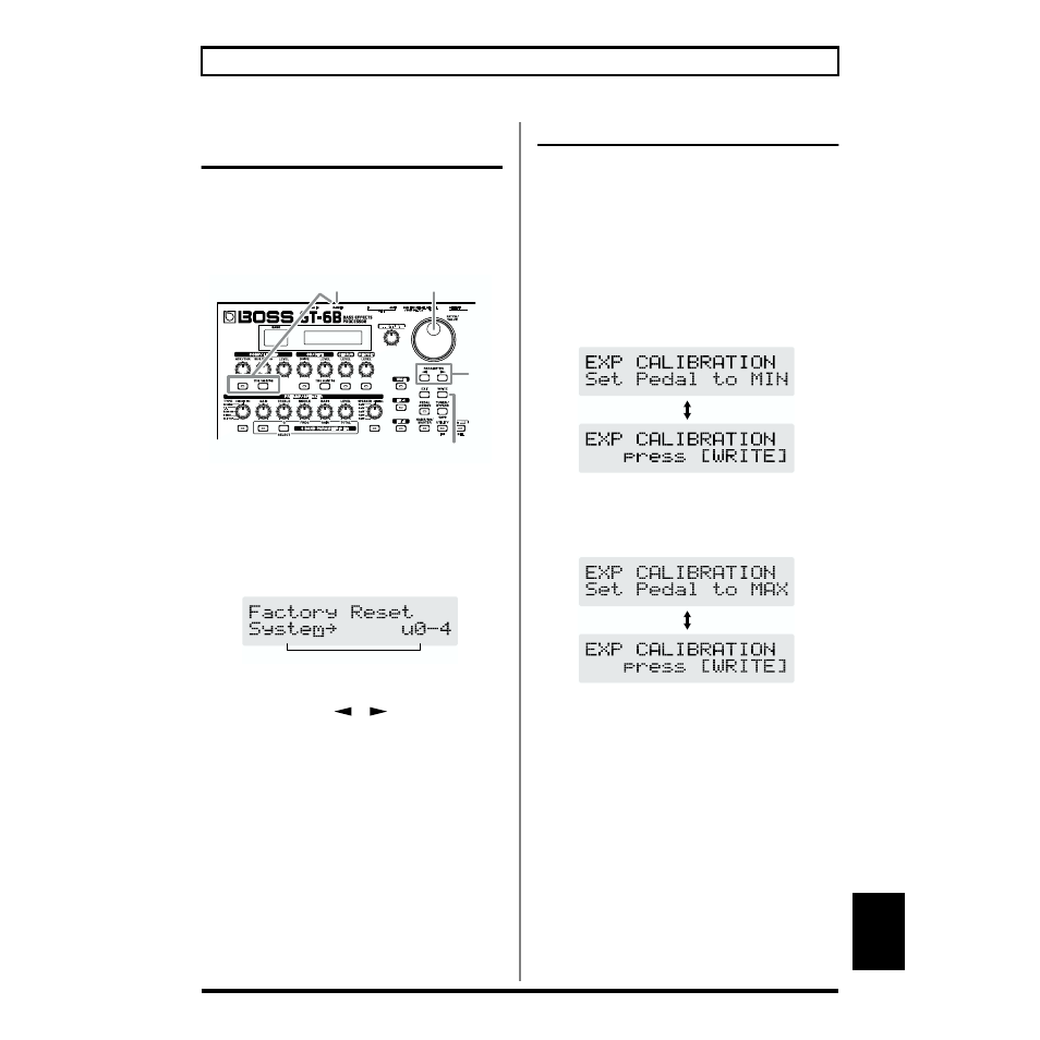 Restoring the factory settings (factory reset), Adjusting the expression pedal, Values (p. 73) | Appendices | Boss Audio Systems GT-6B User Manual | Page 73 / 84