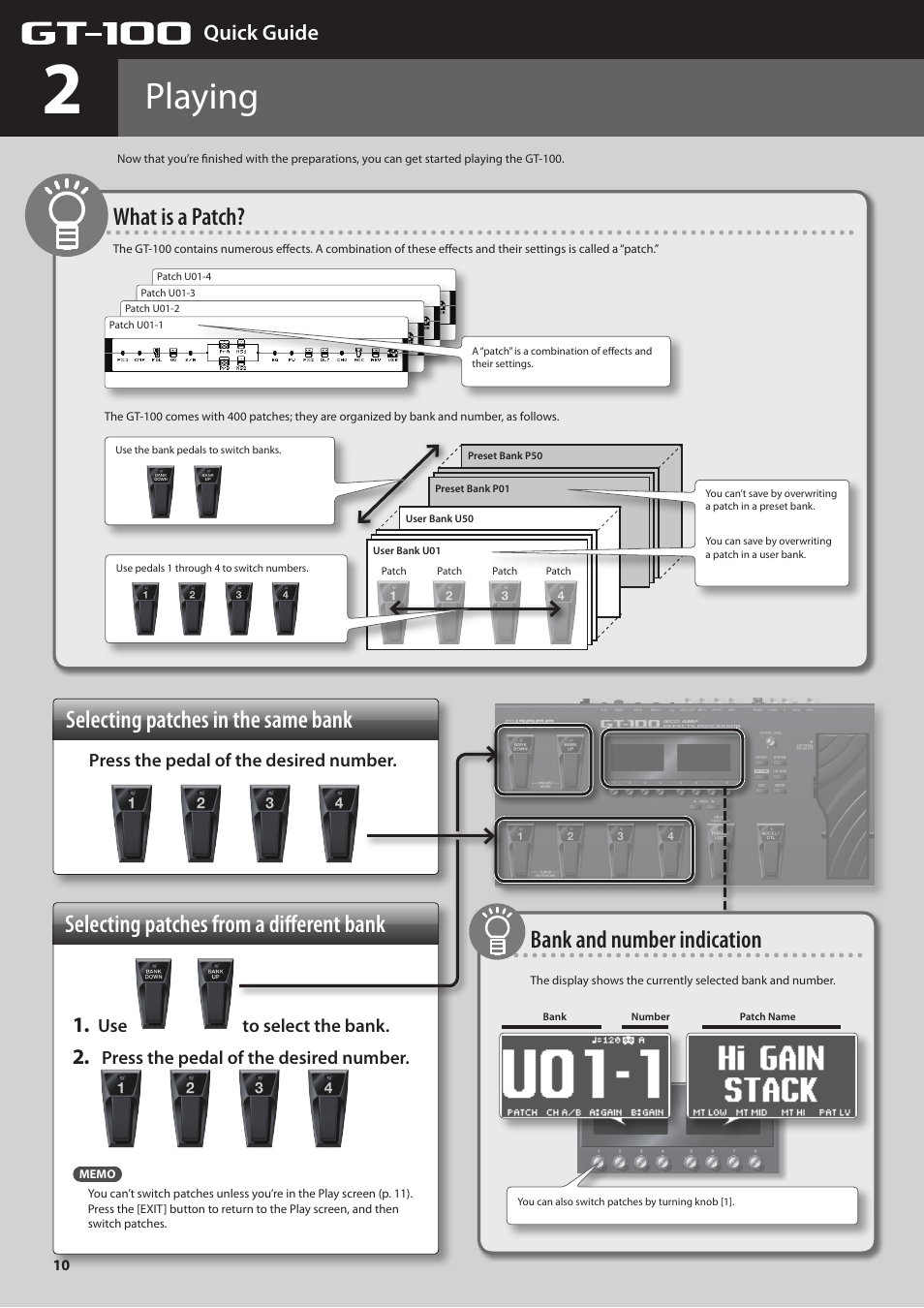 Playing, Bank and number indication, Quick guide | Press the pedal of the desired number, Use to select the bank | Boss Audio Systems GT-100 User Manual | Page 10 / 68