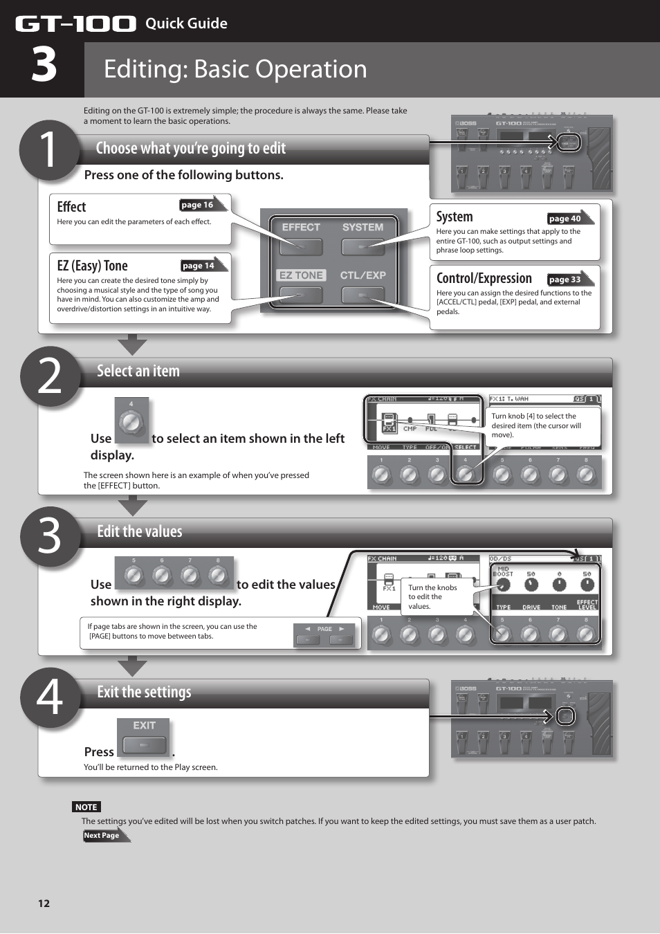 Editing: basic operation, Choose what you’re going to edit, Select an item exit the settings edit the values | Boss Audio Systems GT-100 User Manual | Page 12 / 68