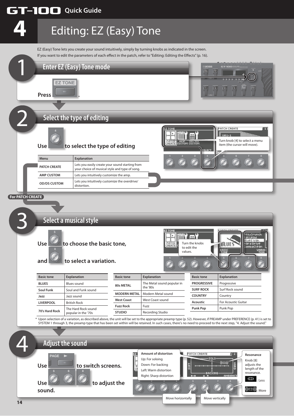 Editing: ez (easy) tone, Enter ez (easy) tone mode, Quick guide | Boss Audio Systems GT-100 User Manual | Page 14 / 68