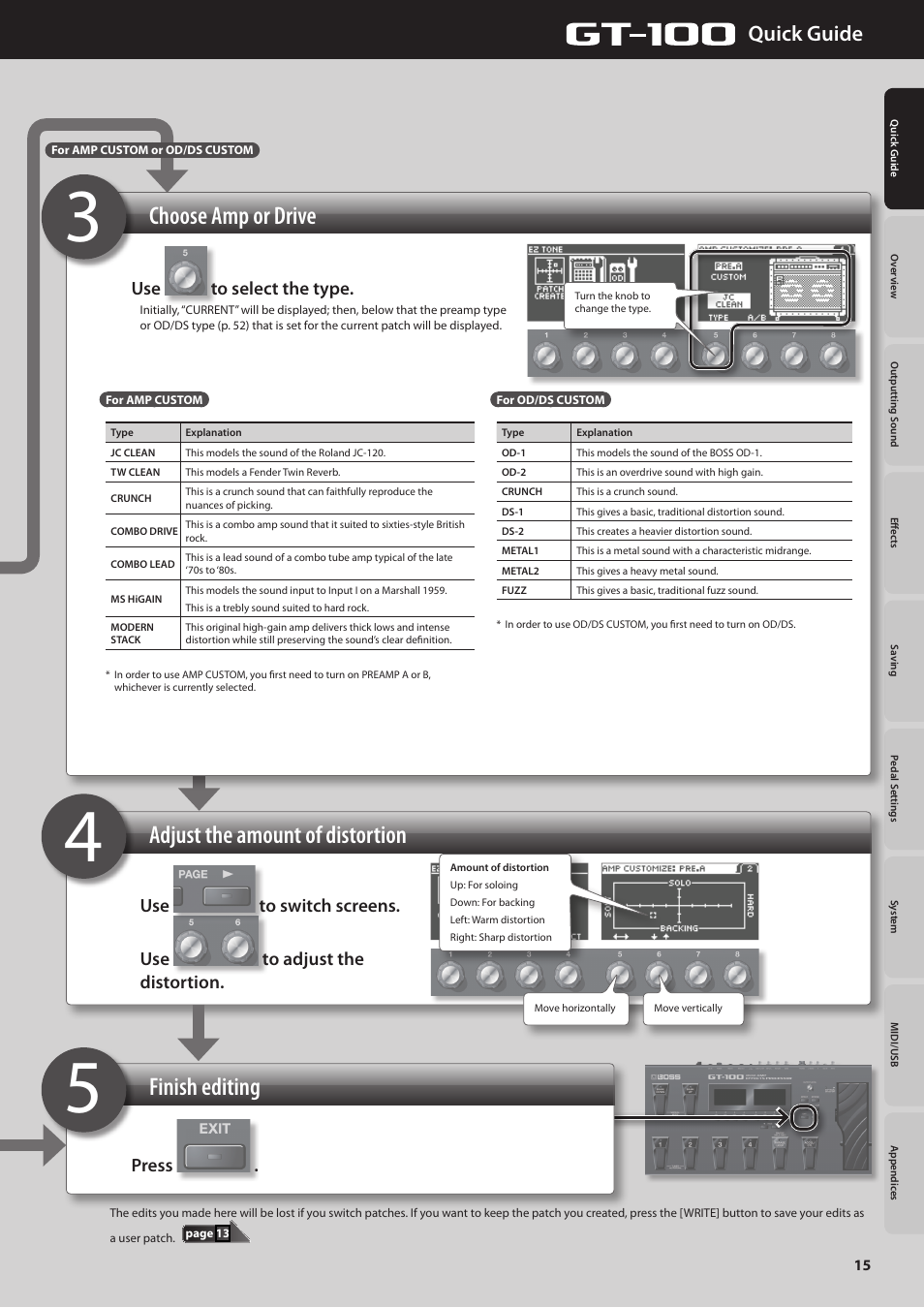 Finish editing, Quick guide, Use to select the type | Press | Boss Audio Systems GT-100 User Manual | Page 15 / 68