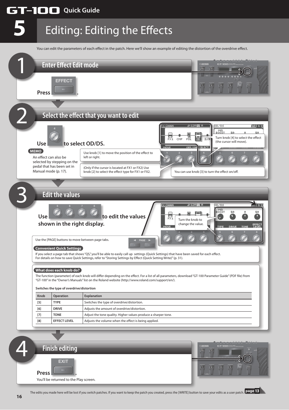 Editing: editing the effects, Enter effect edit mode | Boss Audio Systems GT-100 User Manual | Page 16 / 68