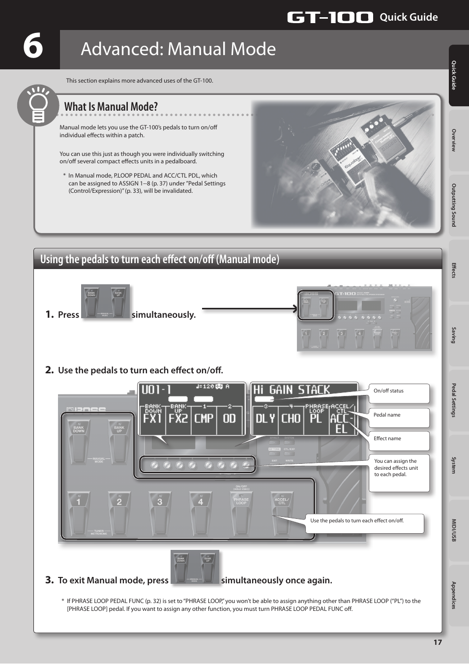 Advanced: manual mode, What is manual mode, Quick guide | Press simultaneously, Use the pedals to turn each effect on/off | Boss Audio Systems GT-100 User Manual | Page 17 / 68