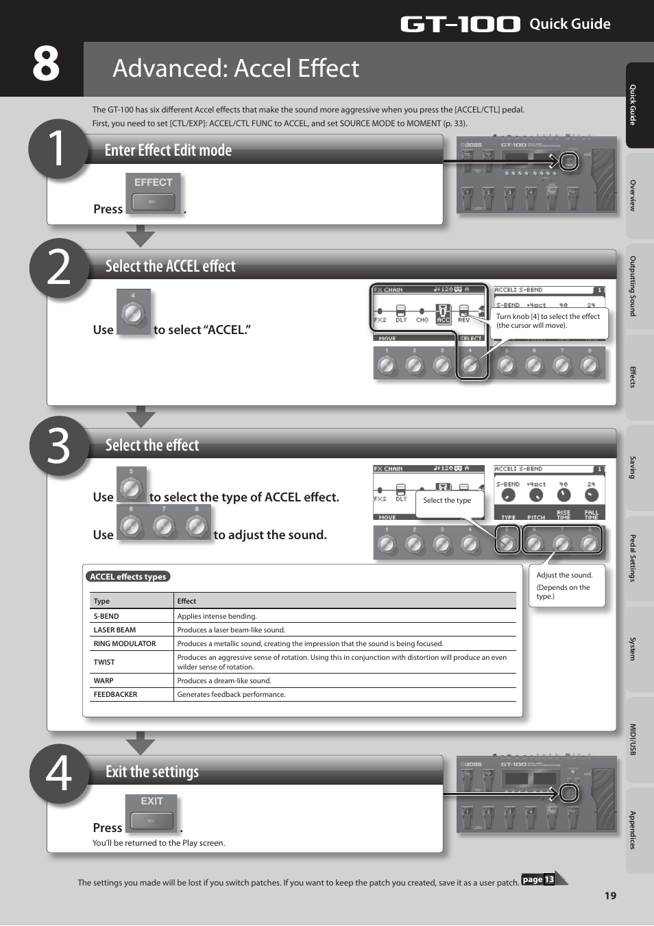 T (p. 19), or an or, Advanced: accel effect, Enter effect edit mode | Quick guide | Boss Audio Systems GT-100 User Manual | Page 19 / 68