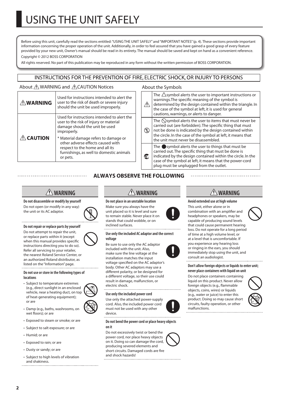 Using the unit safely, Warning, Always observe the following | Boss Audio Systems GT-100 User Manual | Page 2 / 68