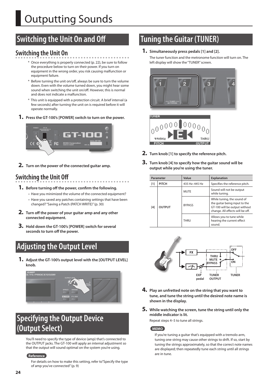 Mode(p. 24), Tion on/off (p. 24), Outputting sounds | Switching the unit on and off, Adjusting the output level, Specifying the output device (output select), Tuning the guitar (tuner), Switching the unit on, Switching the unit off | Boss Audio Systems GT-100 User Manual | Page 24 / 68