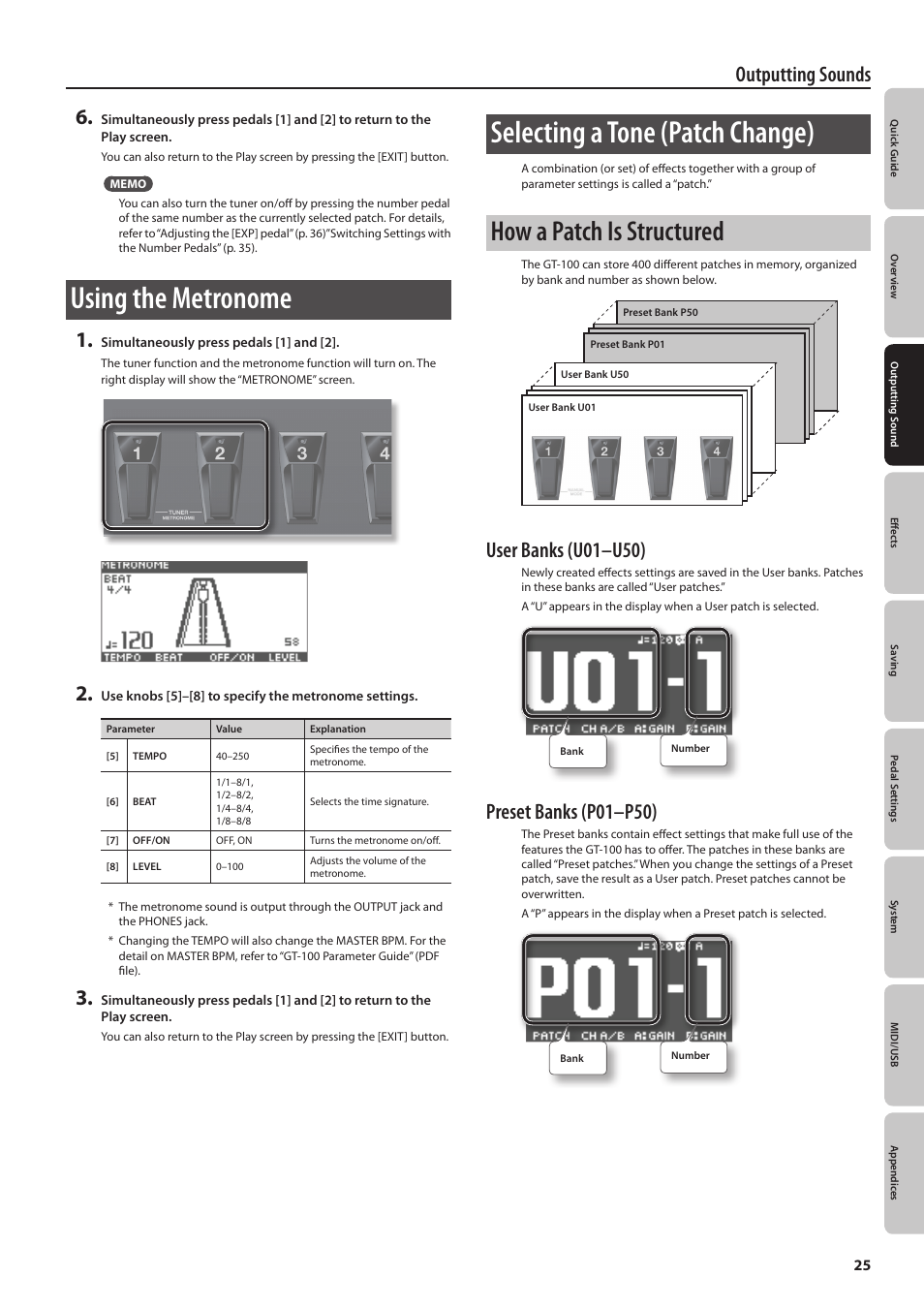 Using the metronome, Selecting a tone (patch change), How a patch is structured | Outputting sounds, User banks (u01–u50), Preset banks (p01–p50) | Boss Audio Systems GT-100 User Manual | Page 25 / 68