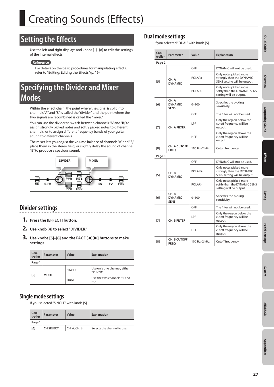 Hen the divider (p. 27) mode is single, Ed if the divider (p. 27) mode is d, F divider (p . 27) is set t | Creating sounds (effects), Setting the effects, Specifying the divider and mixer modes, Divider settings, Single mode settings, Dual mode settings | Boss Audio Systems GT-100 User Manual | Page 27 / 68