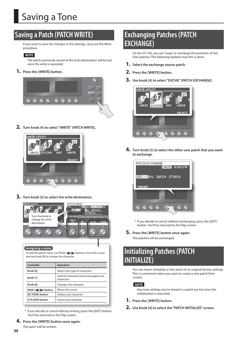 Ta (p. 30), Saving a tone, Saving a patch (patch write) | Exchanging patches (patch exchange), Initializing patches (patch initialize) | Boss Audio Systems GT-100 User Manual | Page 30 / 68