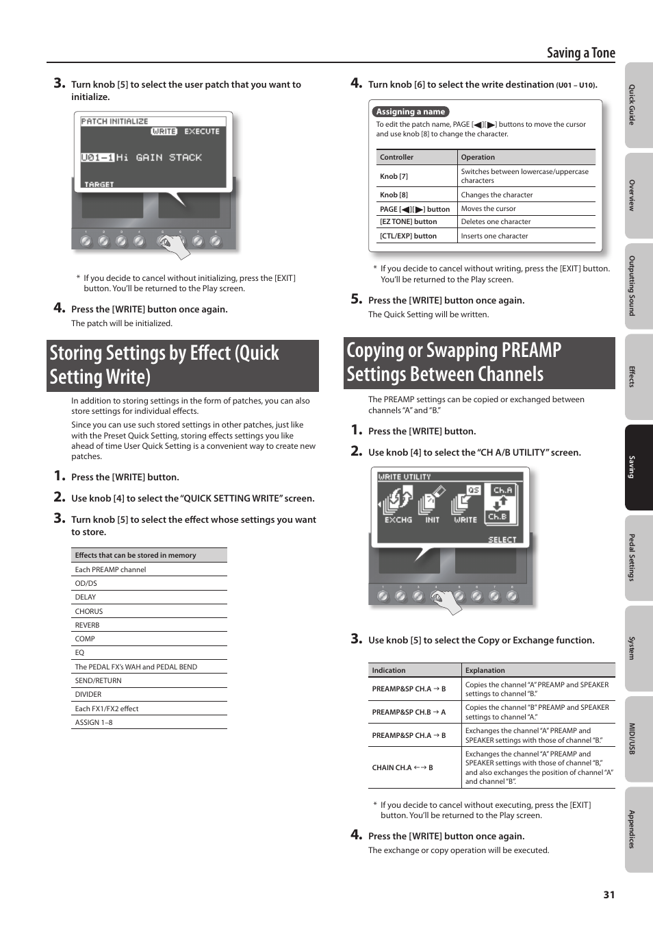 Storing settings by effect (quick setting write), Saving a tone | Boss Audio Systems GT-100 User Manual | Page 31 / 68