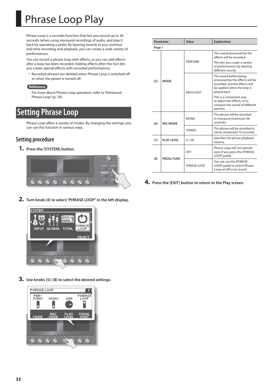 Al func (p. 32) is set t, Phrase loop play, Setting phrase loop | Setting procedure 1 | Boss Audio Systems GT-100 User Manual | Page 32 / 68