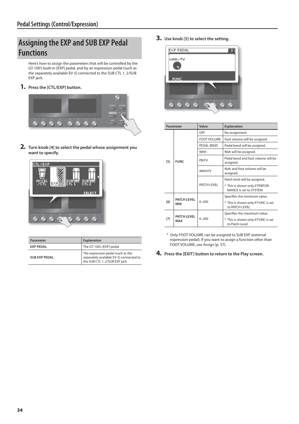 Assigning the exp and sub exp pedal functions, Pedal settings (control/expression) | Boss Audio Systems GT-100 User Manual | Page 34 / 68