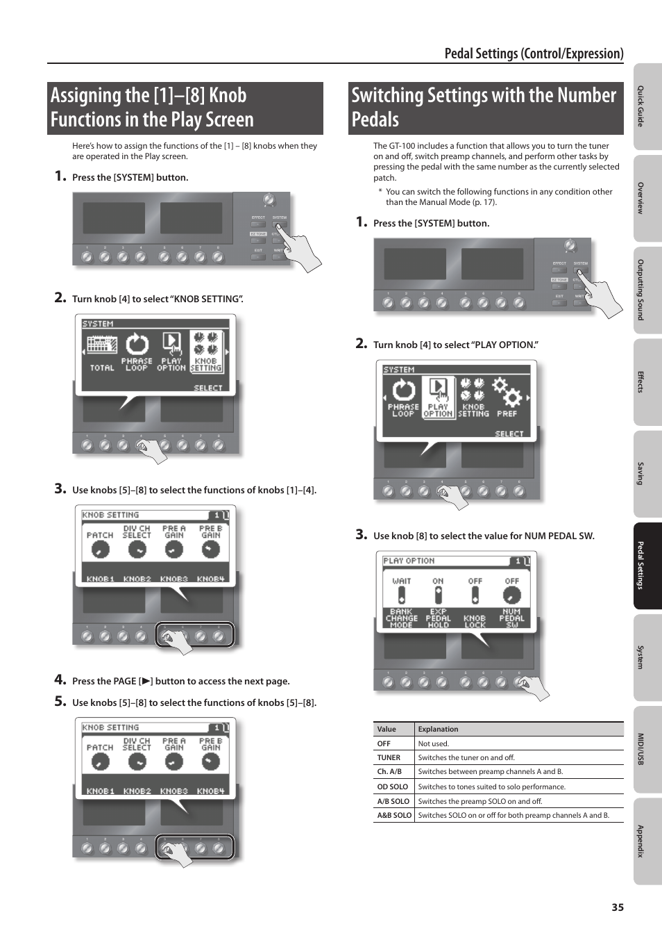 Switching settings with the number pedals, Pedal settings (control/expression) | Boss Audio Systems GT-100 User Manual | Page 35 / 68