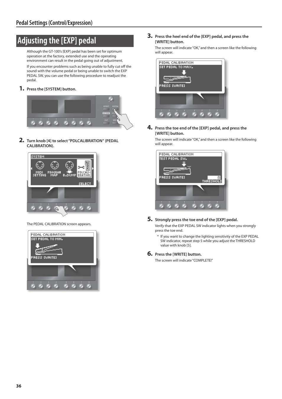 Adjusting the [exp] pedal, Pedal settings (control/expression) | Boss Audio Systems GT-100 User Manual | Page 36 / 68