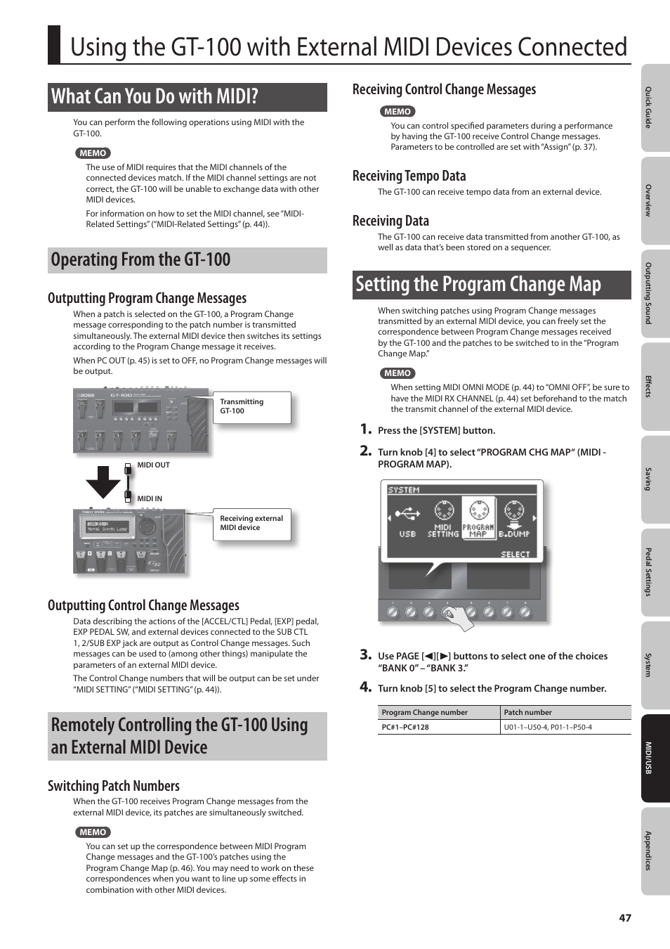 What can you do with midi, Setting the program change map, Operating from the gt-100 | Outputting program change messages, Outputting control change messages, Switching patch numbers, Receiving control change messages, Receiving tempo data, Receiving data | Boss Audio Systems GT-100 User Manual | Page 47 / 68