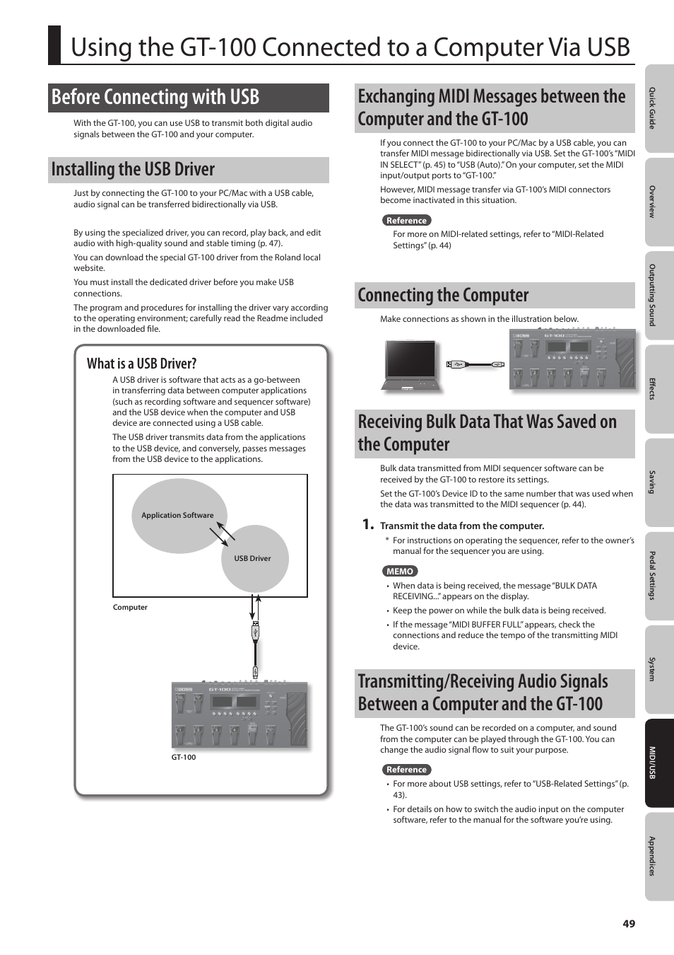 Using the gt-100 connected to a computer via usb, Before connecting with usb, Installing the usb driver | Connecting the computer, Receiving bulk data that was saved on the computer, What is a usb driver | Boss Audio Systems GT-100 User Manual | Page 49 / 68