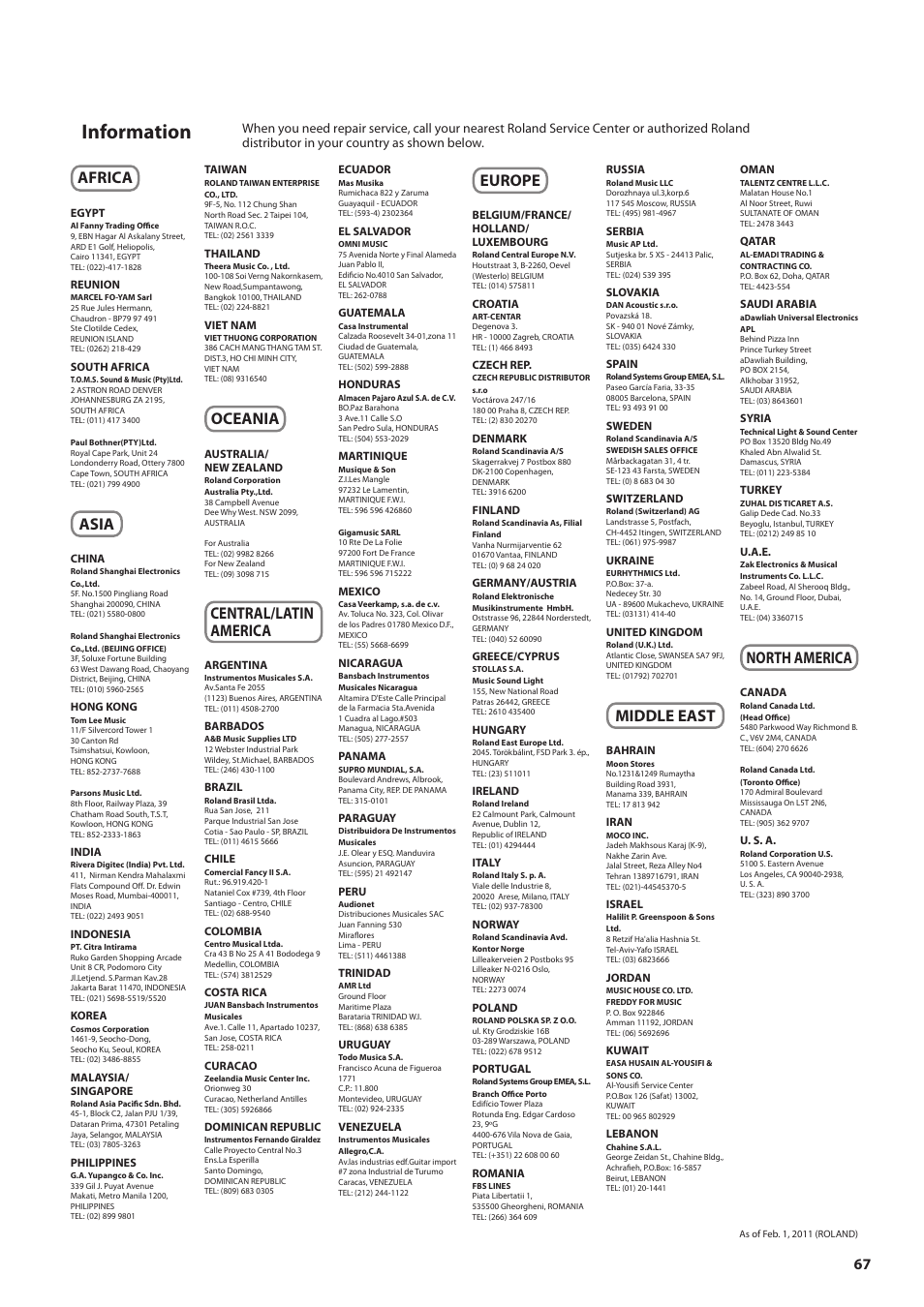 Information, Africa, Asia | Oceania, Central/latin america, Europe, Middle east, North america | Boss Audio Systems GT-100 User Manual | Page 67 / 68