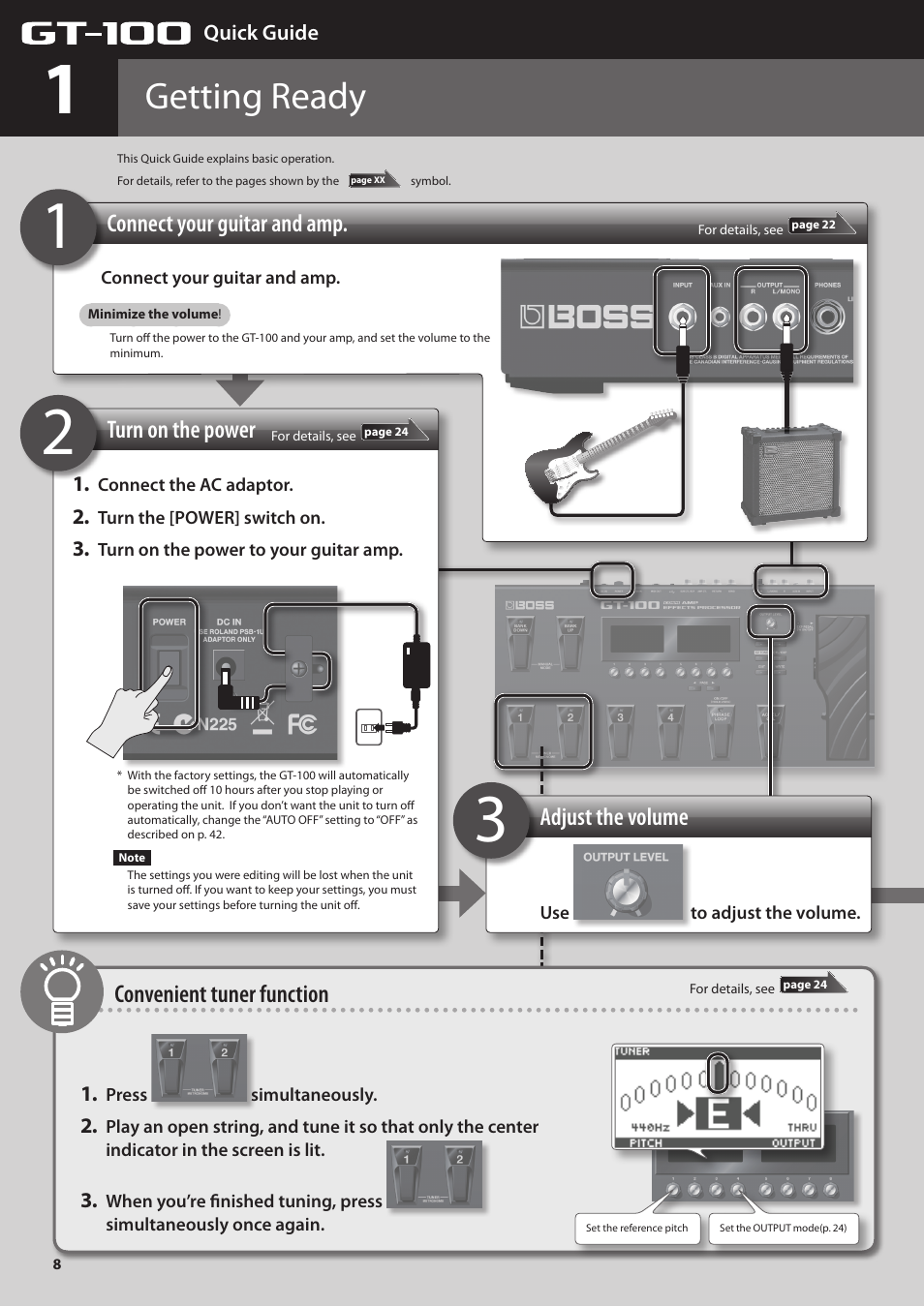 Getting ready, Connect your guitar and amp. turn on the power, Adjust the volume | Convenient tuner function | Boss Audio Systems GT-100 User Manual | Page 8 / 68