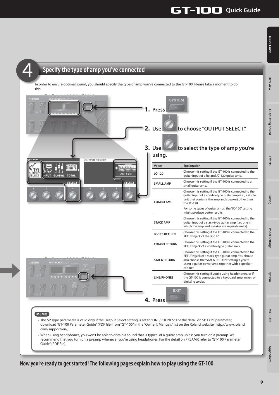 Specify the type of amp you’ve connected, Quick guide, Press | Use to choose “output select, Use to select the type of amp you’re using | Boss Audio Systems GT-100 User Manual | Page 9 / 68