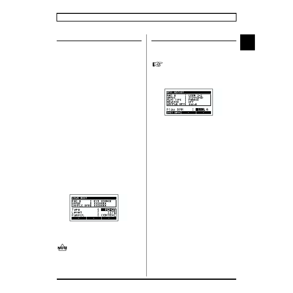 Adjusting the ext source settings, Changing the bpm of a sample | Boss Audio Systems SP-505 User Manual | Page 33 / 92