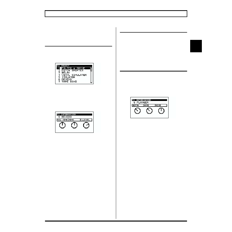 Selecting an effect, Using the pads to select an effect, Turning the effect on/off | Controlling how the effect is applied | Boss Audio Systems SP-505 User Manual | Page 35 / 92