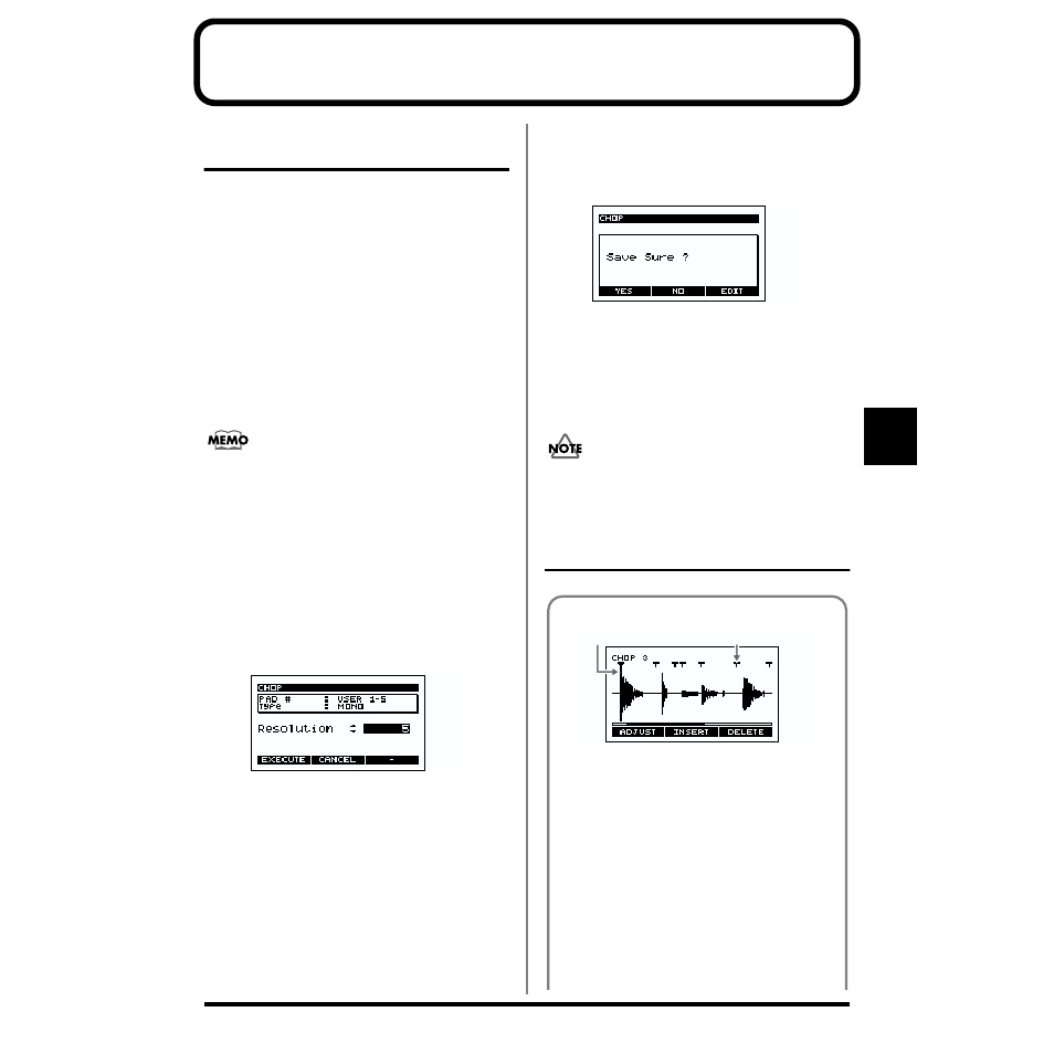 Chapter 6. applying special processing to a sample, Dividing a sample into individual notes (chop), Editing the points at which the sample is divided | About the dividing point adjustment screen | Boss Audio Systems SP-505 User Manual | Page 51 / 92