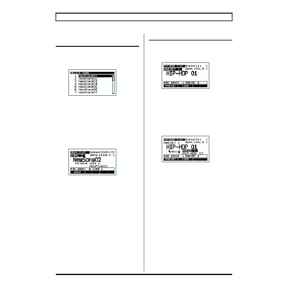 Selecting and playing songs from the song list, Playing patterns | Boss Audio Systems SP-505 User Manual | Page 56 / 92