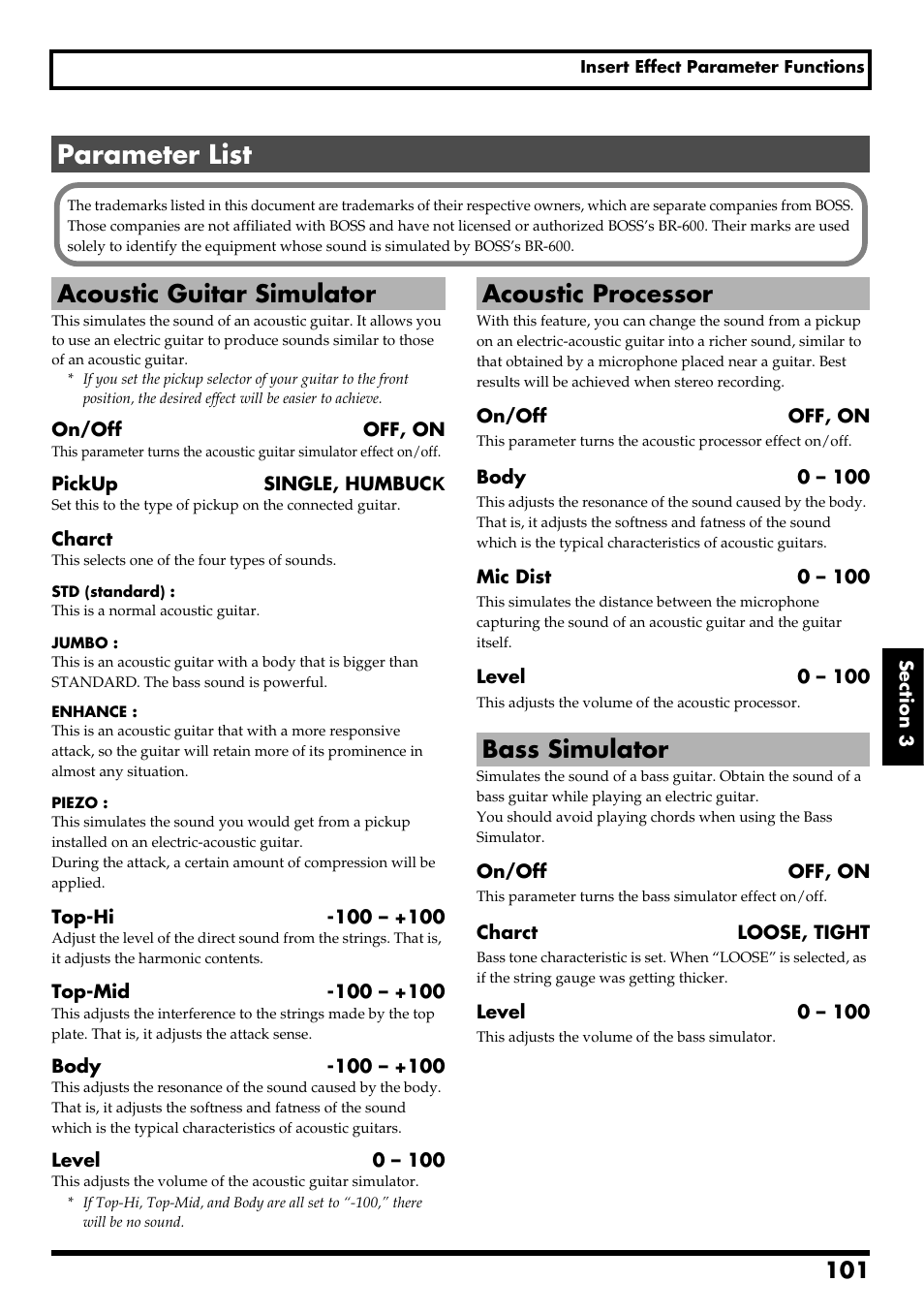 Parameter list, Acoustic guitar simulator, Acoustic processor | Bass simulator, Re v0.10 | Boss Audio Systems BR-600 User Manual | Page 101 / 228
