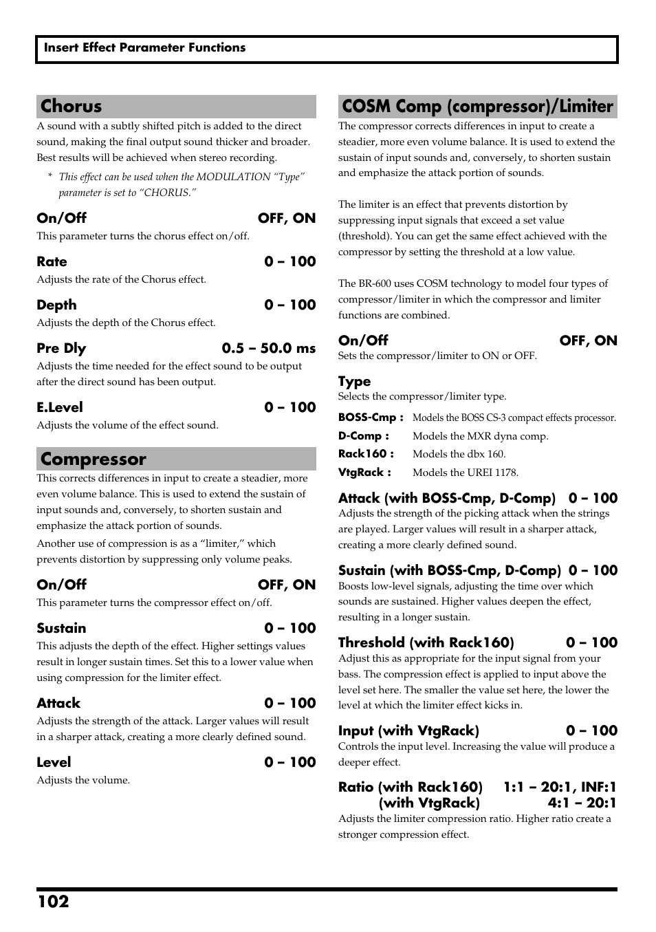 Chorus, Compressor, Cosm comp (compressor)/limiter | Chorus compressor cosm comp (compressor)/limiter, Re v0.10 | Boss Audio Systems BR-600 User Manual | Page 102 / 228