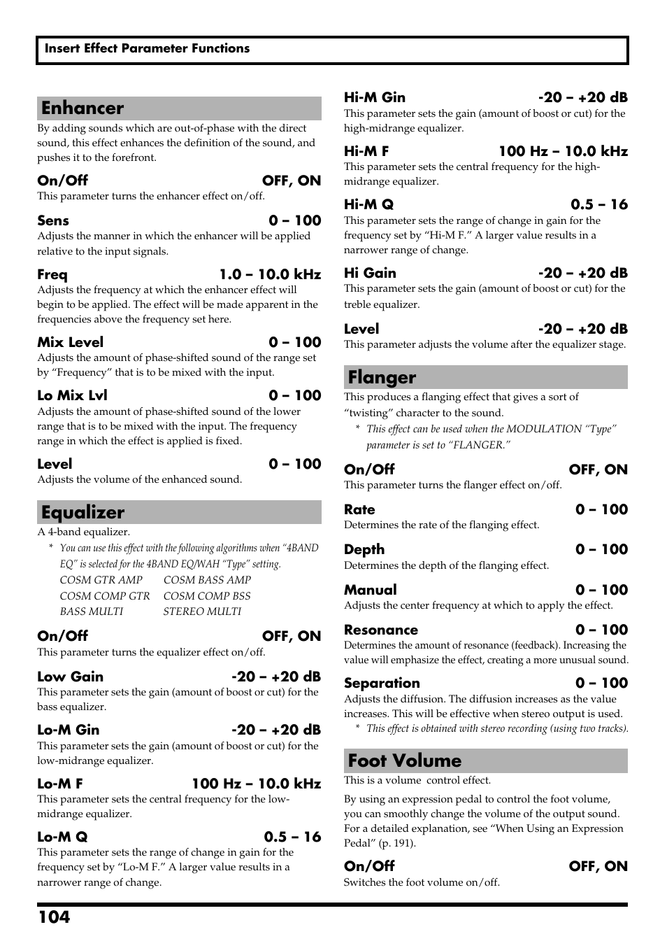 Enhancer, Equalizer, Flanger | Foot volume, Enhancer equalizer flanger foot volume, Re v0.10 | Boss Audio Systems BR-600 User Manual | Page 104 / 228