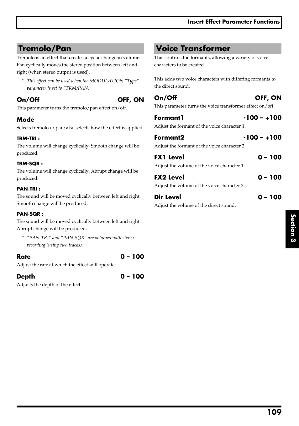 Tremolo/pan, Voice transformer, Tremolo/pan voice transformer | Re v0.10 | Boss Audio Systems BR-600 User Manual | Page 109 / 228
