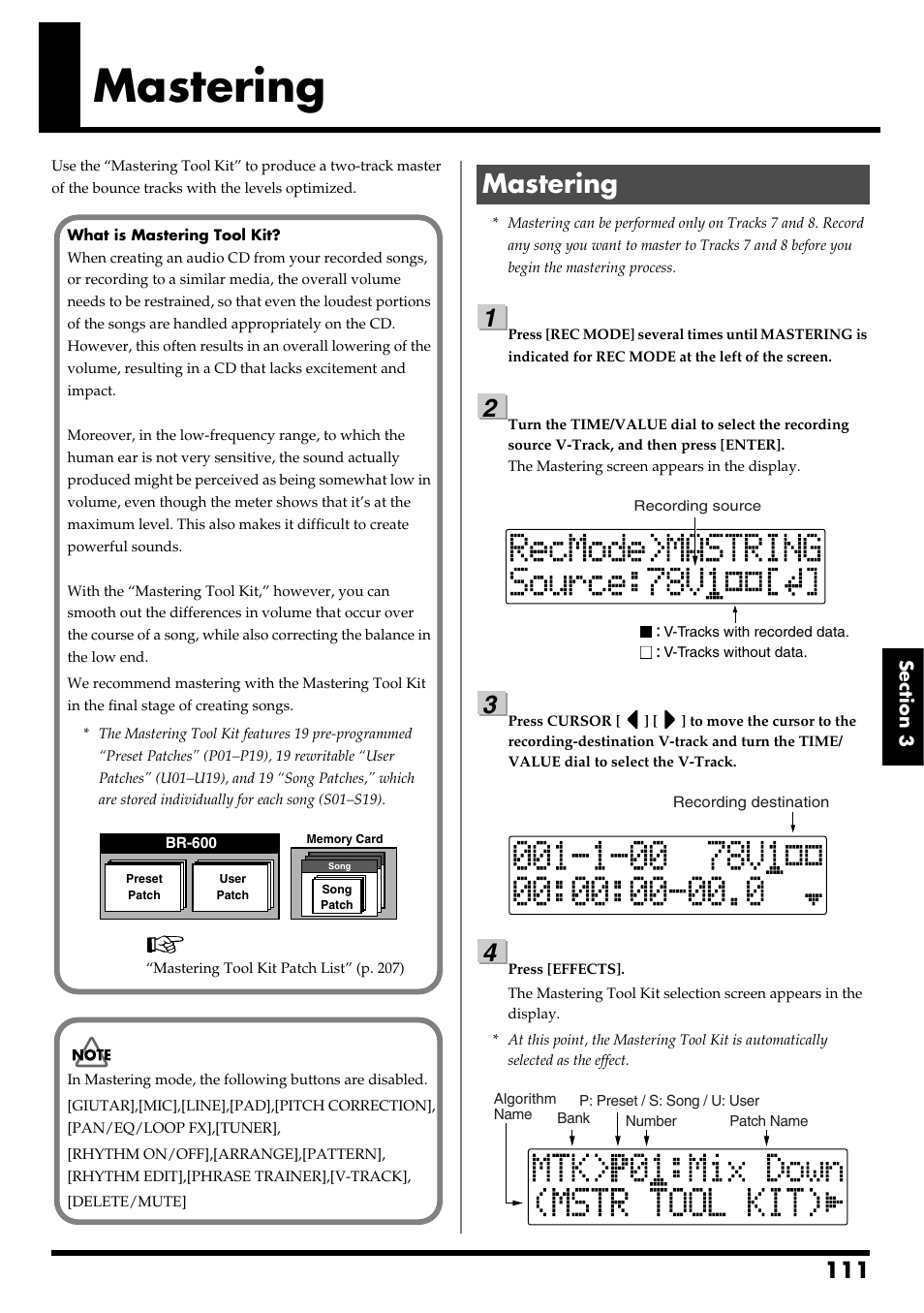 Mastering, Mastering” (p. 111) | Boss Audio Systems BR-600 User Manual | Page 111 / 228
