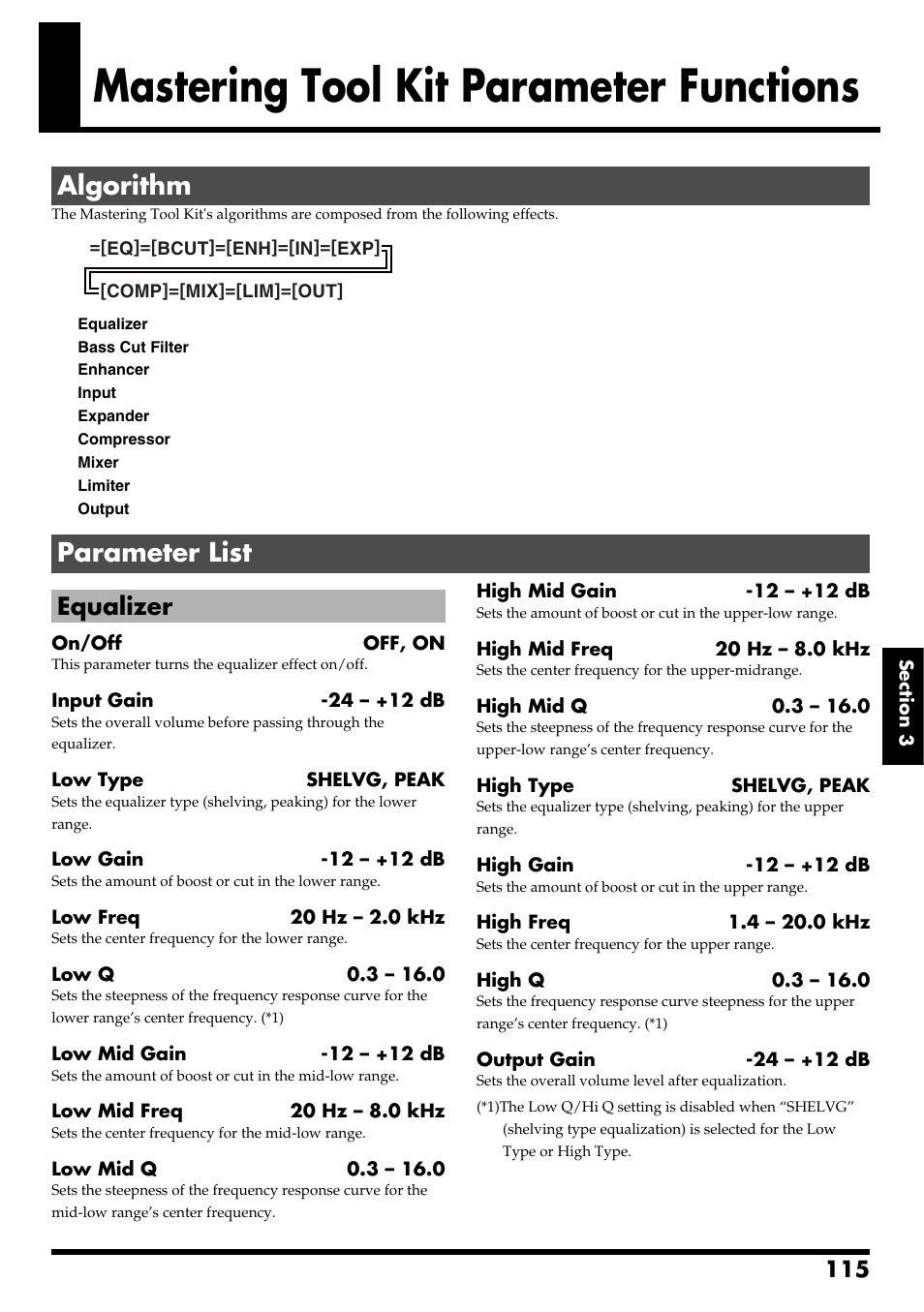 Mastering tool kit parameter functions, Algorithm, Parameter list | Algorithm parameter list, Equalizer | Boss Audio Systems BR-600 User Manual | Page 115 / 228
