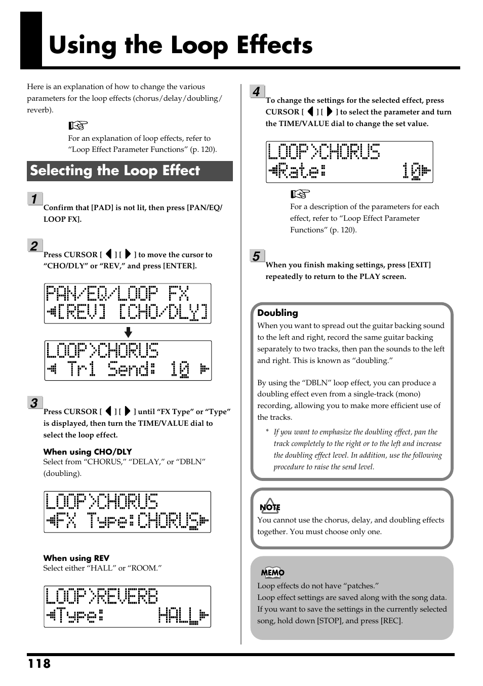 Using the loop effects, Selecting the loop effect, Using the loop effects” (p. 118) | 118), track eq (p. 121), or pitch correction (p | Boss Audio Systems BR-600 User Manual | Page 118 / 228