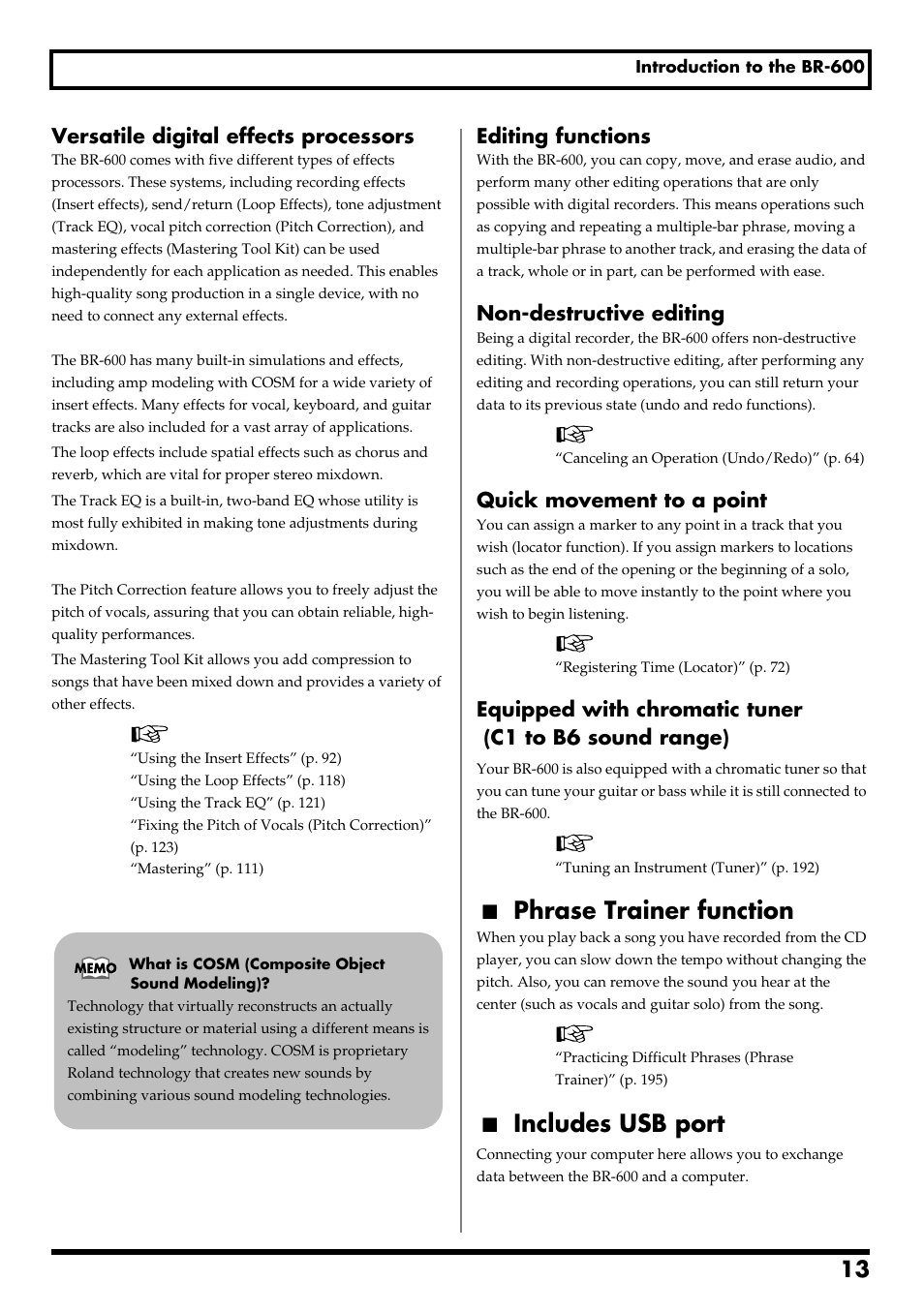 Phrase trainer function, Includes usb port, Re v0.10 | Versatile digital effects processors, Editing functions, Non-destructive editing, Quick movement to a point | Boss Audio Systems BR-600 User Manual | Page 13 / 228