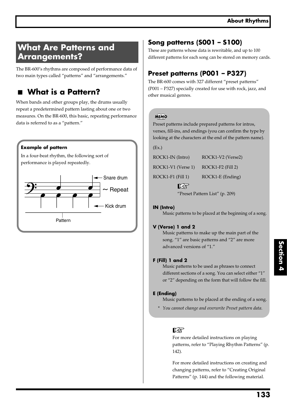 What are patterns and arrangements, What is a pattern, Re v0.10 | Boss Audio Systems BR-600 User Manual | Page 133 / 228